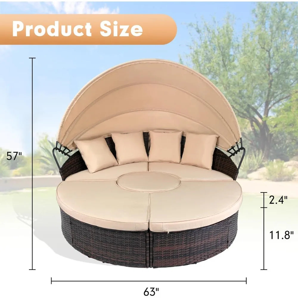 DAFIFY Outdoor Daybed Set With Retractable Canopy Wicker Rattan 5 Pieces
