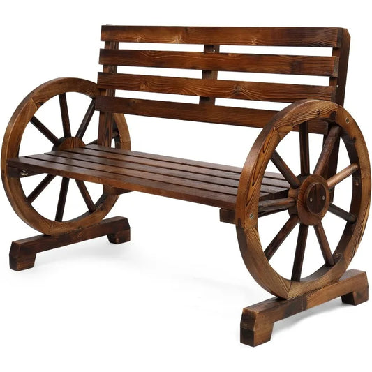 41 Inch Rustic Wooden Wheel Bench Outdoor 2 Person Patio Bench Wagon Slatted Seat Garden Benches High Capacity 350lbs