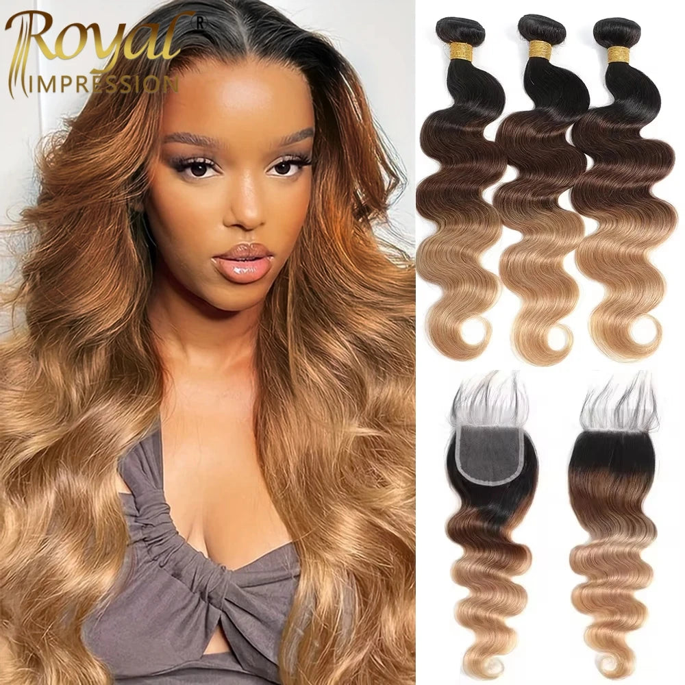 Ombre Color Body Wave Human Hair Bundles With Closure 100 Percent Unprocessed Virgin Remy Hair 1B 4 27