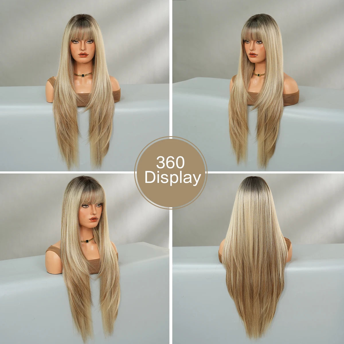 NAMM Synthetic Long Straight Blonde Wig Dark Roots Bangs 26 Inch 150 Density