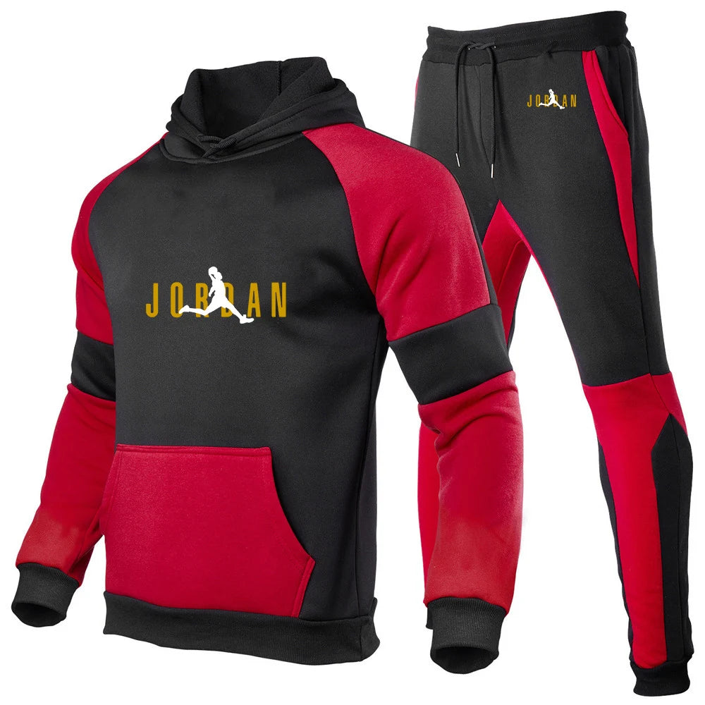 Men's Patchwork Print Basketball Hoodie And Trouser Set Spring Autumn Harajuku