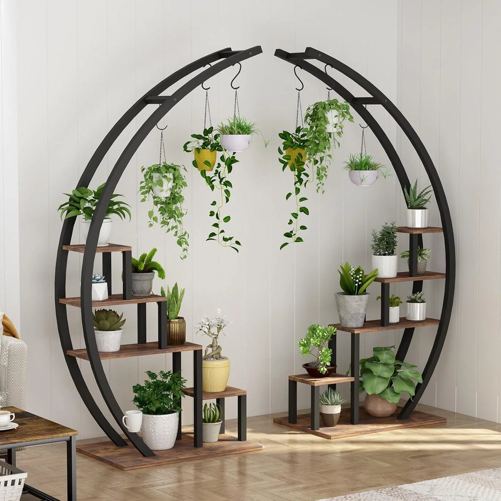 Plant Stand Indoor Outdoor 2 Pcs Metal Plant Shelf Tall Plants Holder with Plants Hanger Flower Display Rack for Garden Balcony