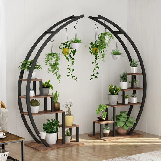 Plant Stand Indoor Outdoor 2 Pcs Metal Plant Shelf Tall Plants Holder with Plants Hanger Flower Display Rack for Garden Balcony