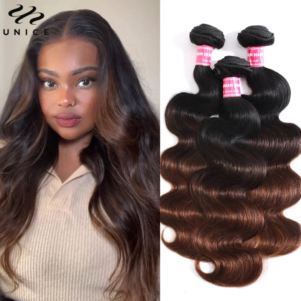 UNice Hair Dark Root Ombre Brown Body Wave Human Hair Bundles 3 to 4 Piece Deal Sew In Weaves 8 to 26 Inch
