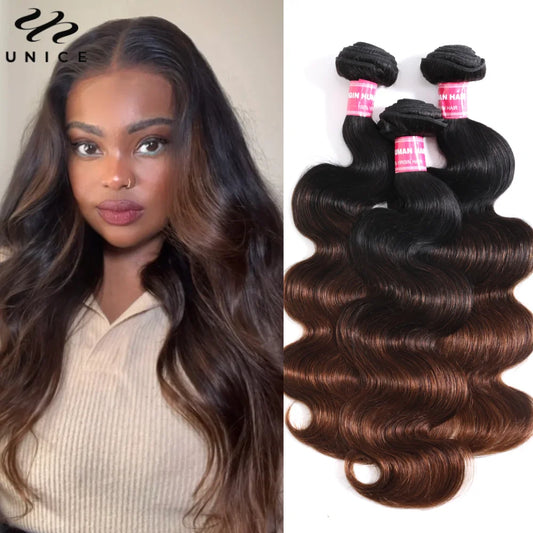 UNice Hair Dark Root Ombre Brown Body Wave Human Hair Bundles 3 to 4 Piece Deal Sew In Weaves 8 to 26 Inch