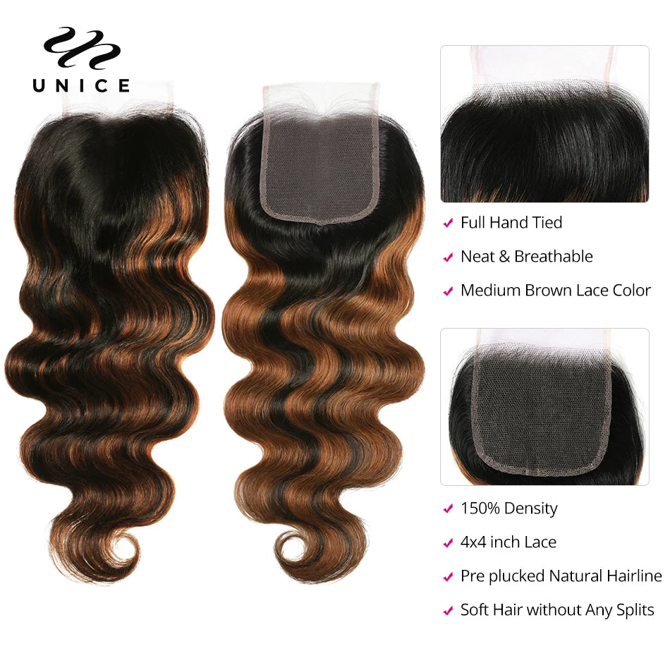 Unice Hair Balayage Body Wave Human Hair Bundles 3 Pieces With 4x4 Lace Closure 250 Density Highlight Bundles