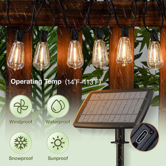 60/100FT Solar String Lights IP44 Waterproof 15 Plus 1/30 Plus 2 LED Shatterproof Bulbs 4 Light Modes for Camping Backyard Garden Holiday