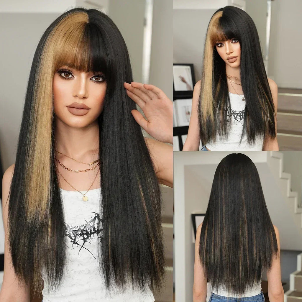 NAMM Synthetic Long Straight Blonde Wig Dark Roots Bangs 26 Inch 150 Density
