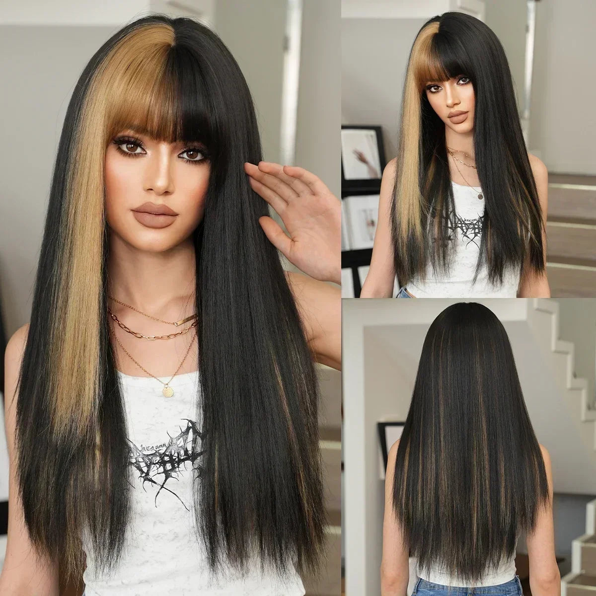 NAMM Synthetic Long Straight Blonde Wig Dark Roots Bangs 26 Inch 150 Density