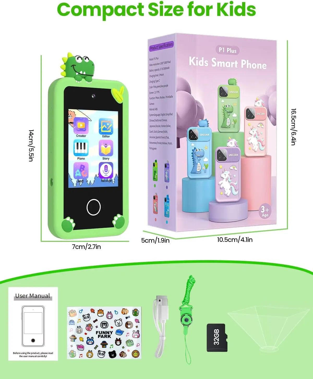 Kids Girl Smartphone with 32G Card Touch Screen Toy Green Dinosaur