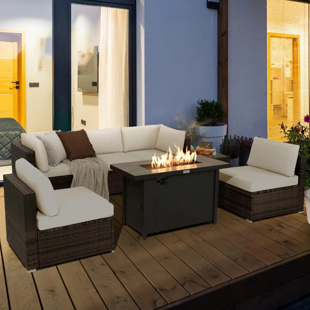 7 Piece Patio Set With Fire Pit Table 42 Inch 60,000 BTU Propane
