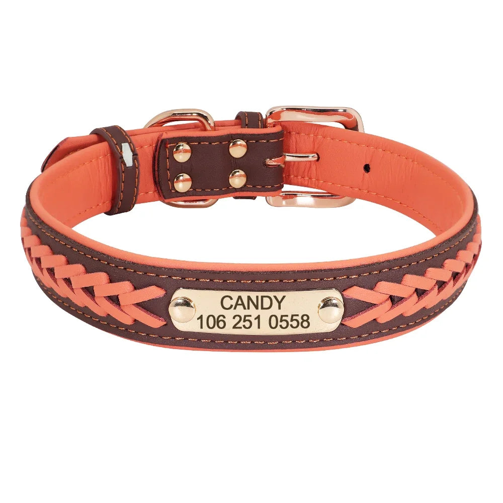 Personalized Dog Collar Leather Padded Braided Collars Free Engraving Pet ID Tag for Small Medium Large Dogs