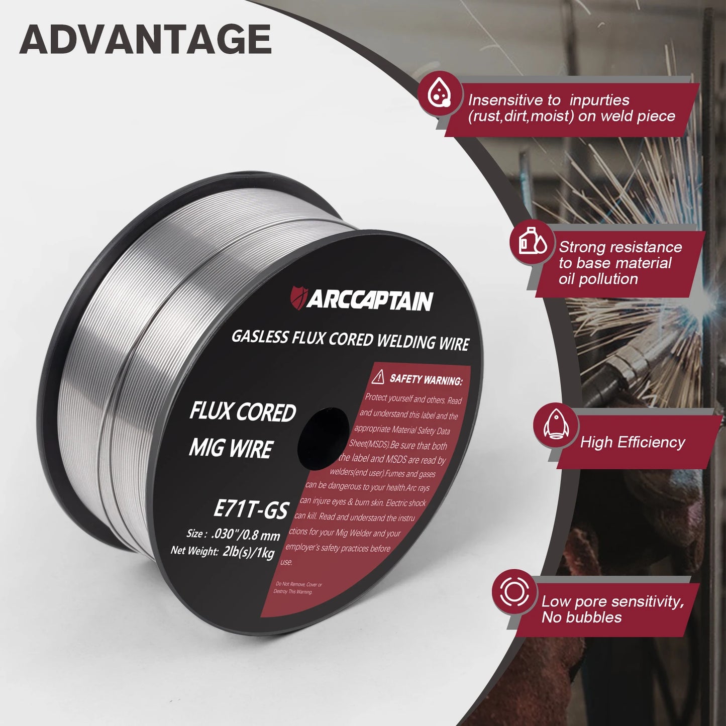 ARCCAPTAIN Welding Wire Gasless Flux Cored 0.8 0.9mm 1 KG