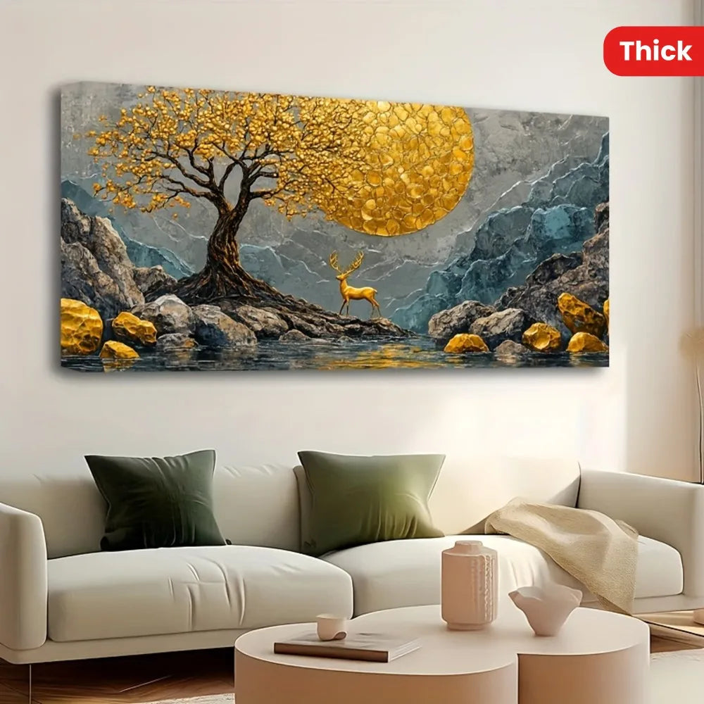 1.5 inch thick pine solid wood frame, living room and bedroom abstract yellow tree stone painting, deer natural print home decor