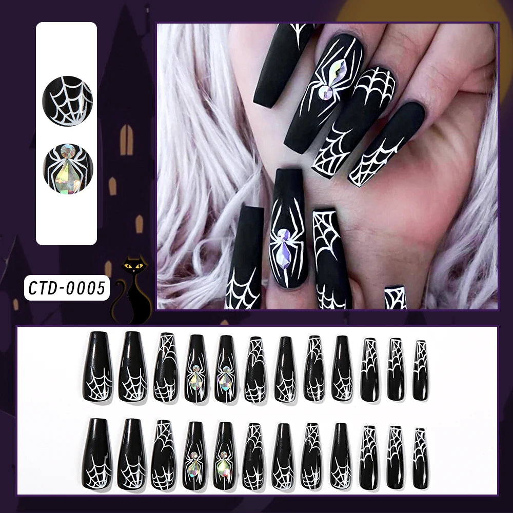 24Pcs Black Glossy Halloween Almond Fake Nails Gradient French Cool Press On Nails Rose/Heart/Skull Acrylic Wearable False Nails
