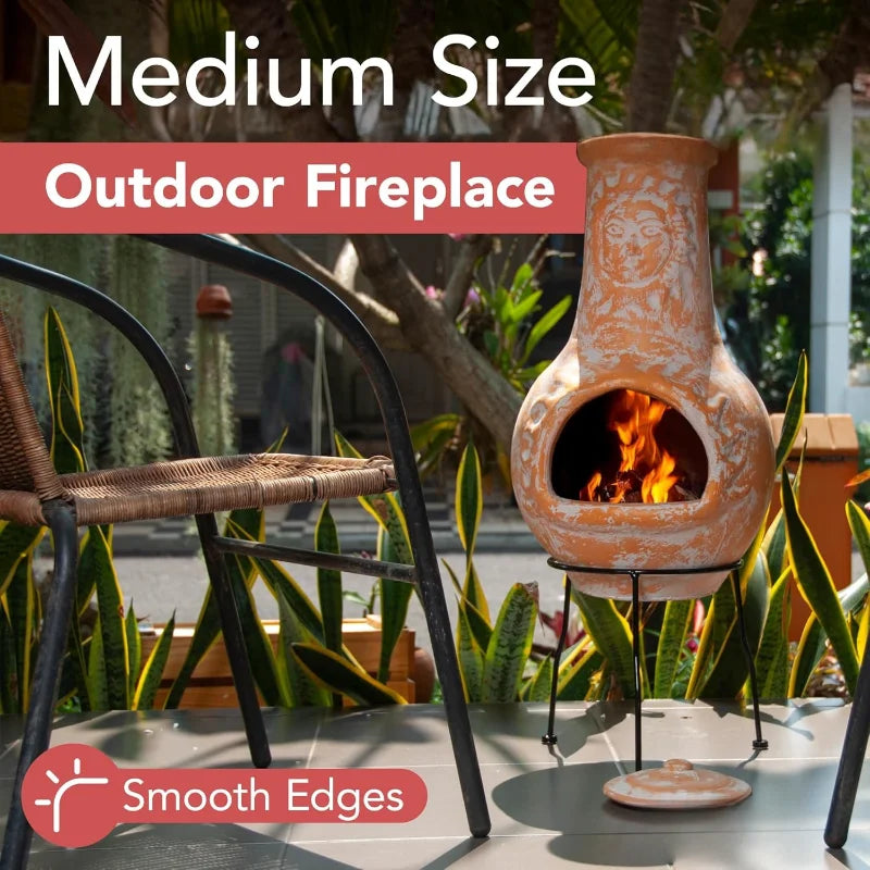 Medium Outdoor Clay Chiminea With Rain Lids And Metal Stands Yellow Terracotta