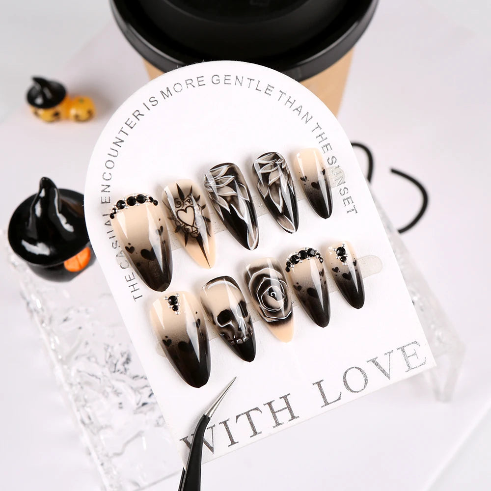 24Pcs Black Glossy Halloween Almond Fake Nails Gradient French Cool Press On Nails Rose/Heart/Skull Acrylic Wearable False Nails