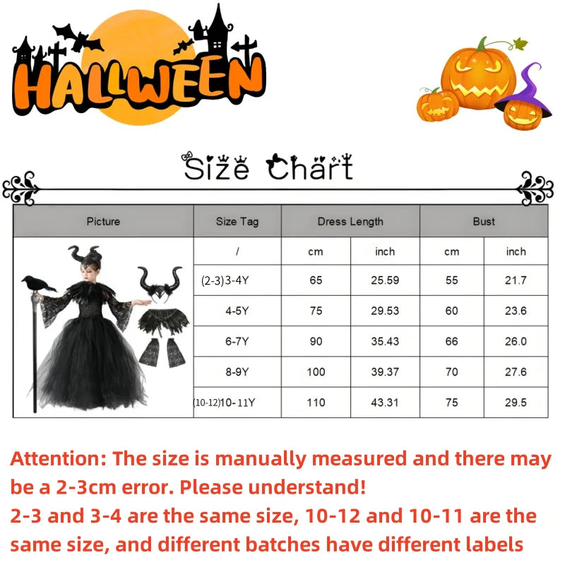 Halloween Costume Fashion Tutu Dress For Girls Cosplay Evil Queen Black Mesh Princess Dress Kids Crow Wand Demon Witch Gown
