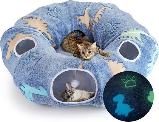Maxetodo Foldable Cat Tunnel with Washable Bed 4 Entry Points,Peekaboo Cat Cave,Multifunctional Playground Toy for Cats Kittens