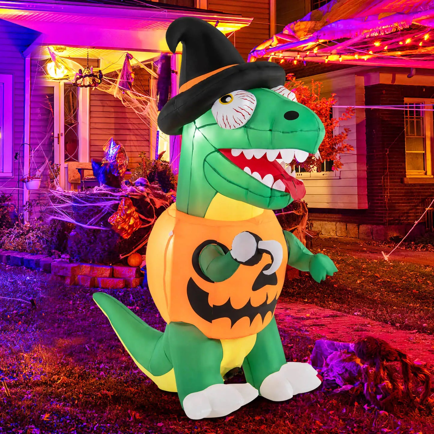 6 Ft Inflatable Pumpkin Dinosaur With LED Lights Witch Hat