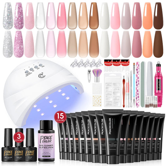 Peacecolor 16ML Poly Extension Gel Set with Nail Lamp Nail Drill Machine 30ML Slip Solution Base Top Coat Nail Art Stickers Tool