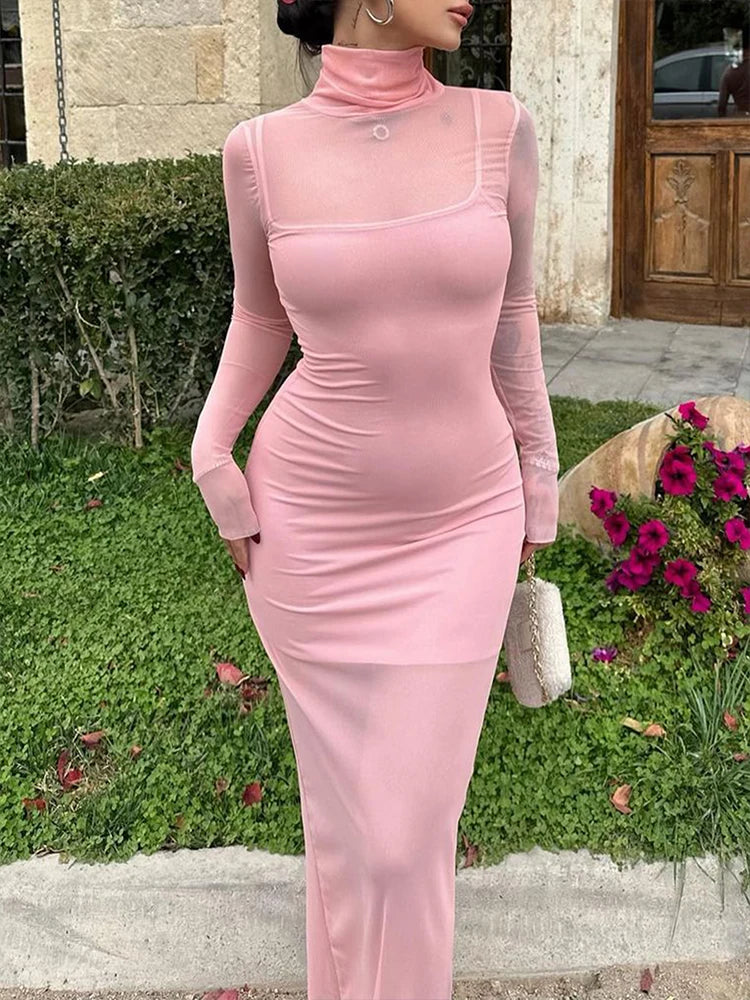 Sexy Mesh Maxi Dress 2 Piece Set Women Sheer Party Dress