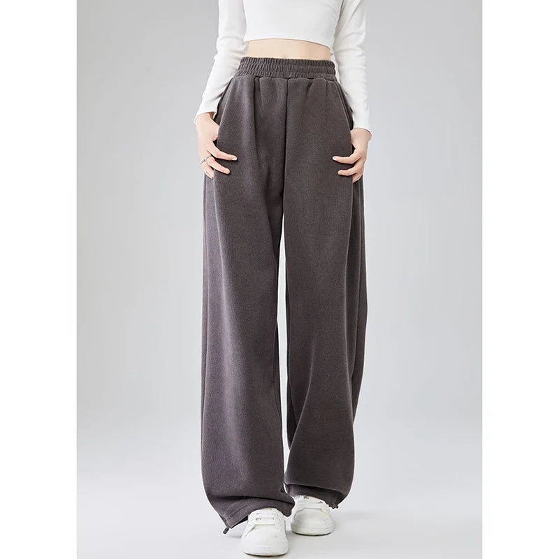 Girls High Waist Trousers Drawstring Baggy Straight Leg