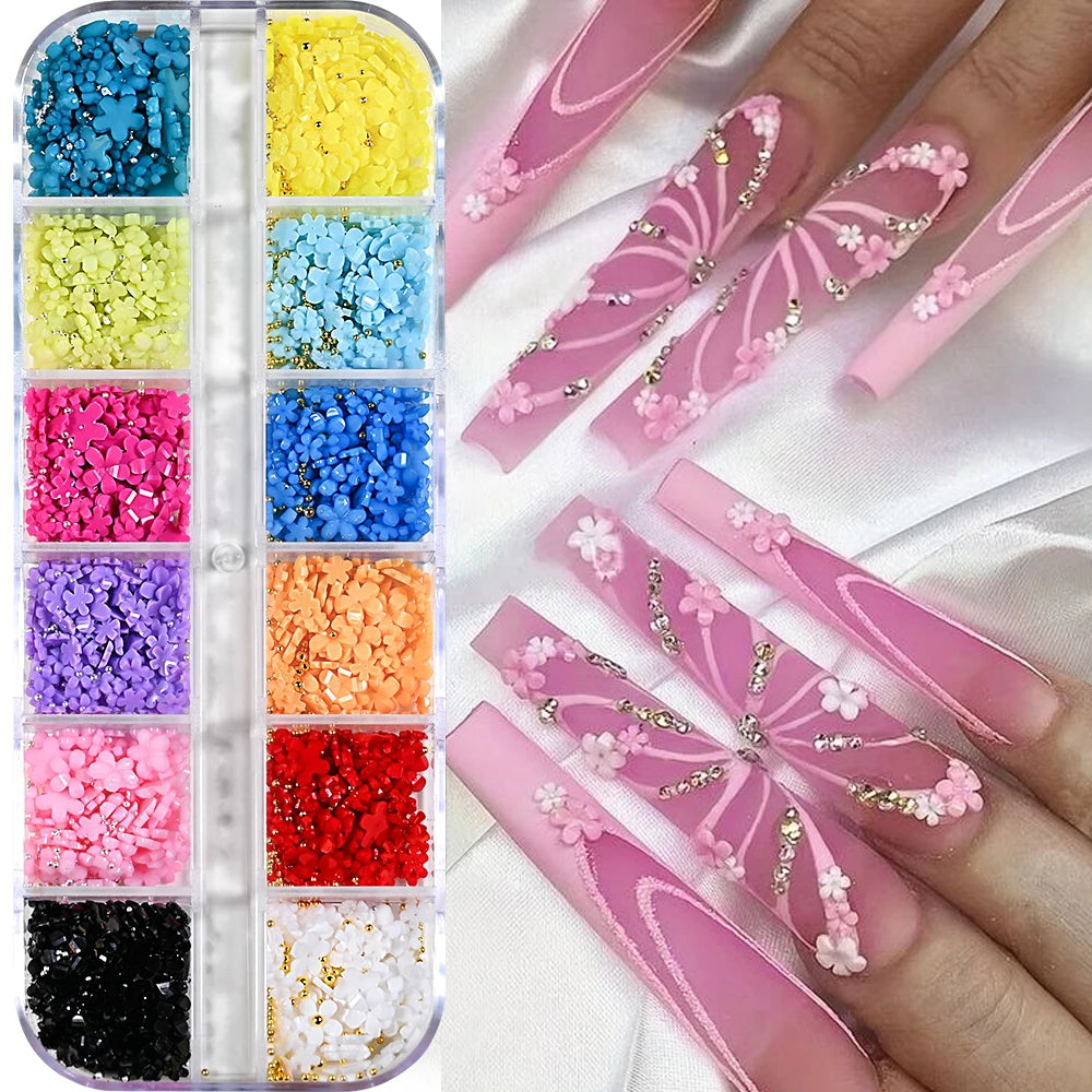 12Grids Colorful Acrylic Flower Nail Charms 1000 Mini Resin
