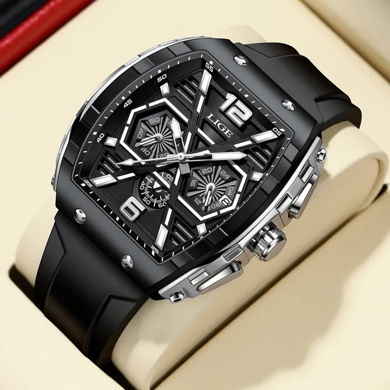 LIGE Men Waterproof Quartz Watch Silicone Band Luminous Dial 50mm Case