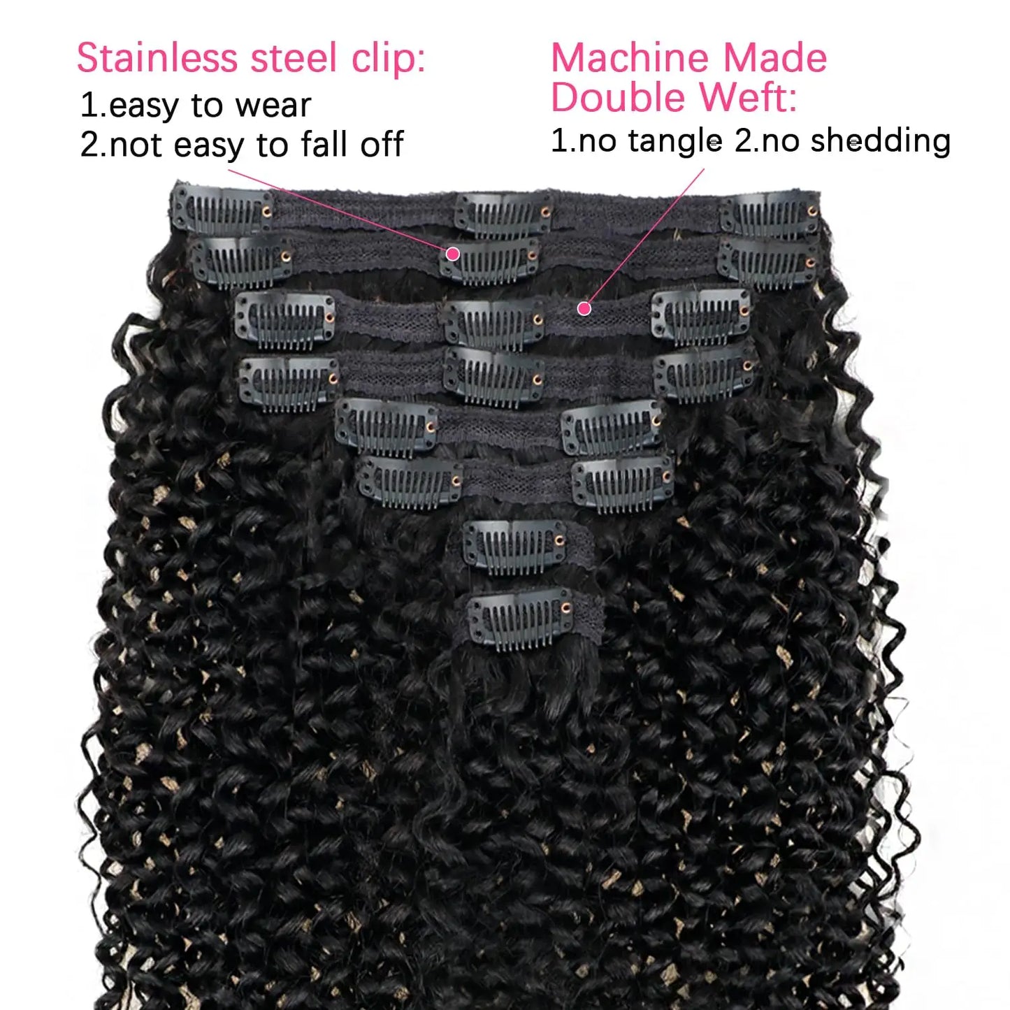 Kinky Curly Clip-In Extensions – 100% Brazilian Remy Human Hair
Add instant volume, bounce, and beauty with our Kinky Curly Clip-In Extensions – made from premium Brazilian Remy human hair for a natural, flawless blend.