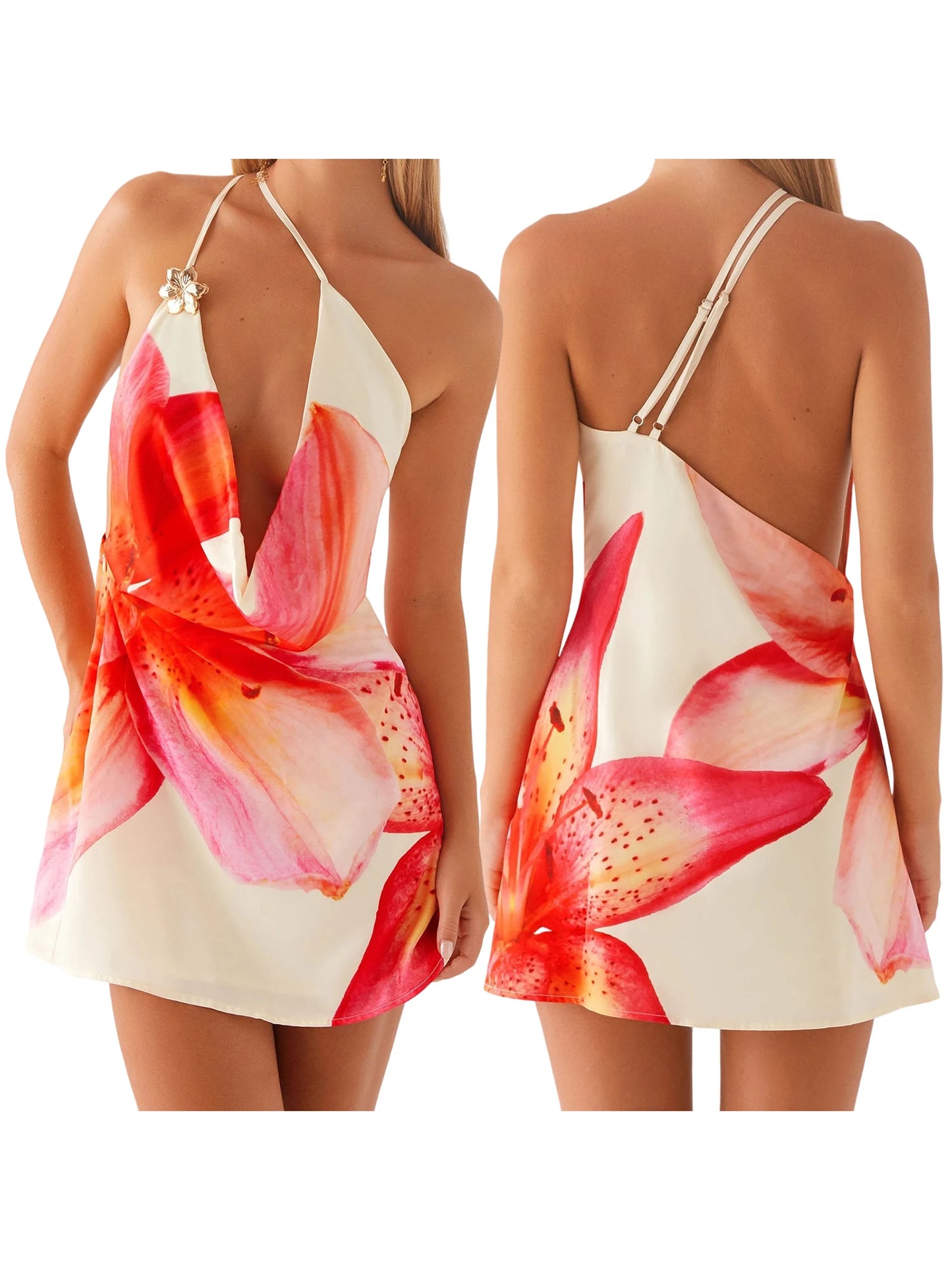 Women Floral Print Spaghetti Strap Backless Ruffle Hem