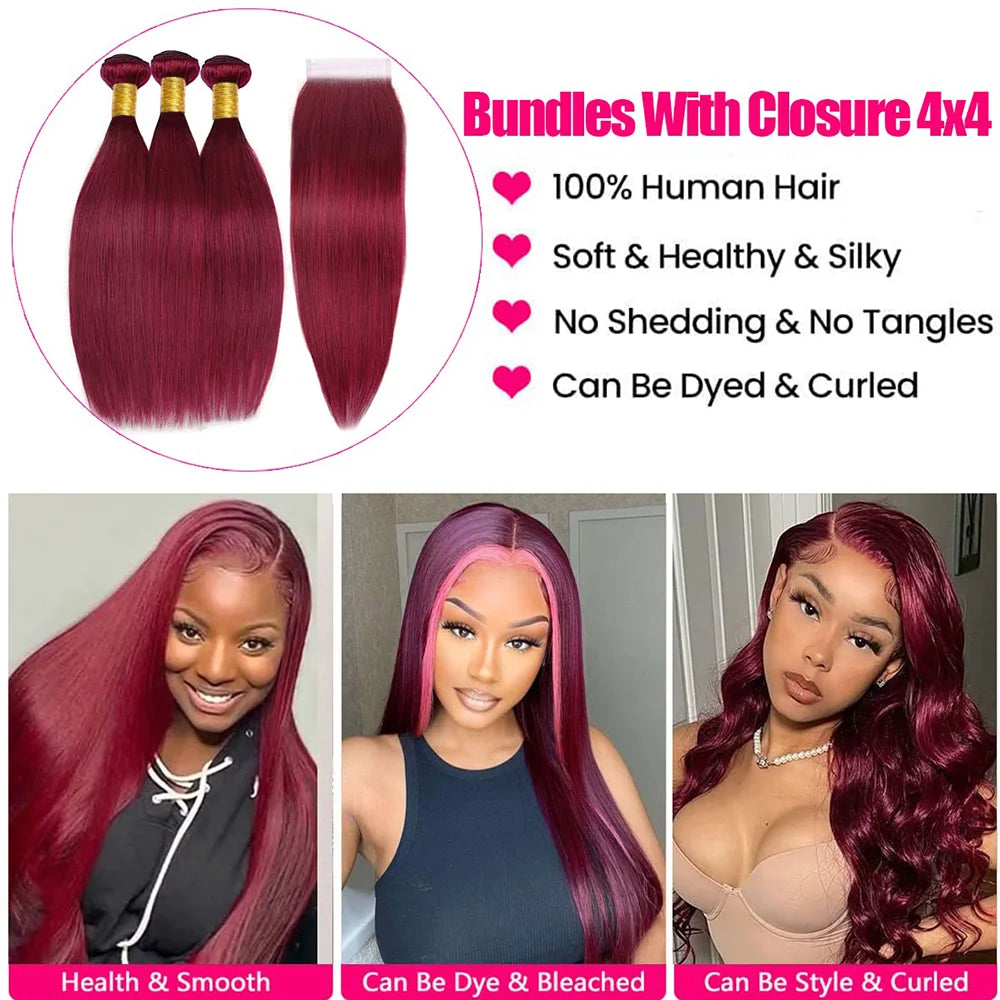 Burgundy 99J Human Hair Bundles With 4x4 Closure 12A Straight Burmese Remy Weft