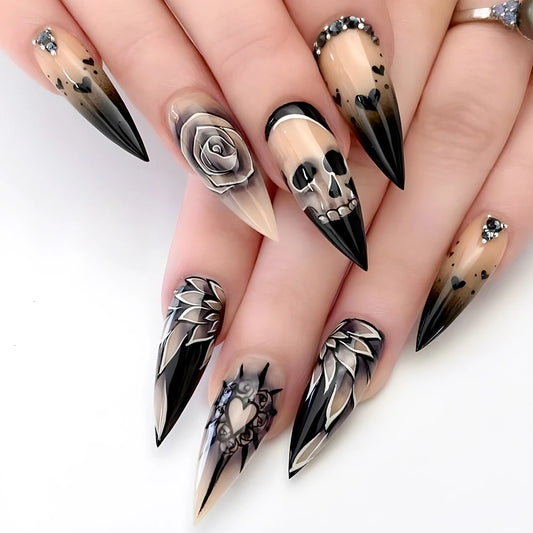24Pcs Black Glossy Halloween Almond Fake Nails Gradient French Cool Press On Nails Rose/Heart/Skull Acrylic Wearable False Nails