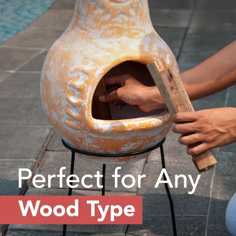Medium Outdoor Clay Chiminea With Rain Lids And Metal Stands Yellow Terracotta