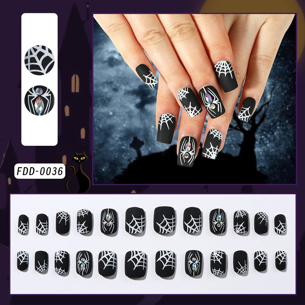 24Pcs Black Glossy Halloween Almond Fake Nails Gradient French Cool Press On Nails Rose/Heart/Skull Acrylic Wearable False Nails
