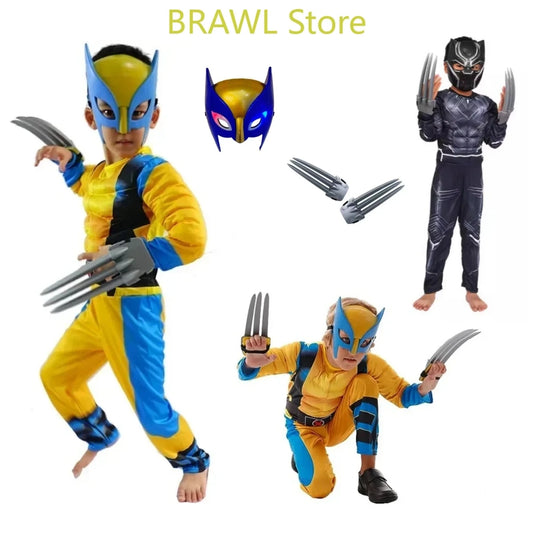 Wolverine Cosplay Costume Kids Wolf Black Superhero Panther Claws Mask Jumpsuit Halloween Bodysuit Muscle Suit for Child Gift