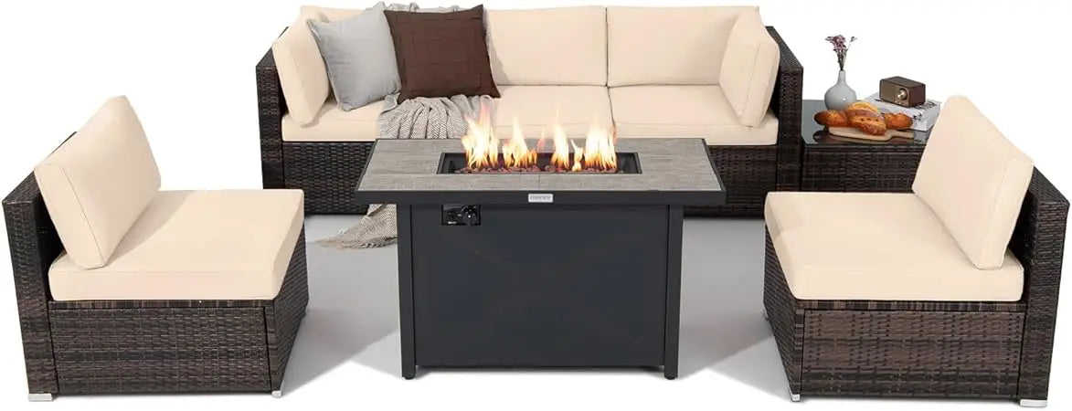 7 Piece Patio Set With Fire Pit Table 42 Inch 60,000 BTU Propane