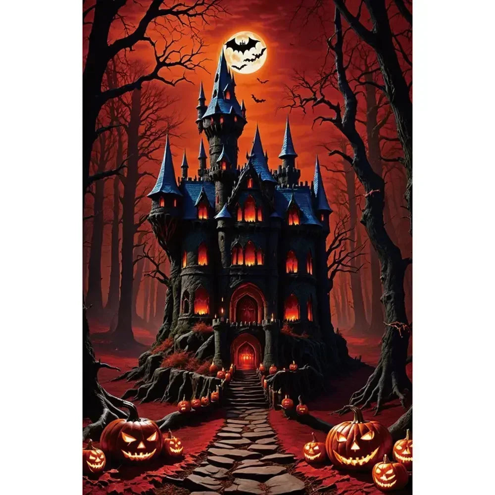 Halloween Party Backdrop Full Moon Horror Night Castle Pumpkin Outdoor House Party Decoration Banner Photography Background