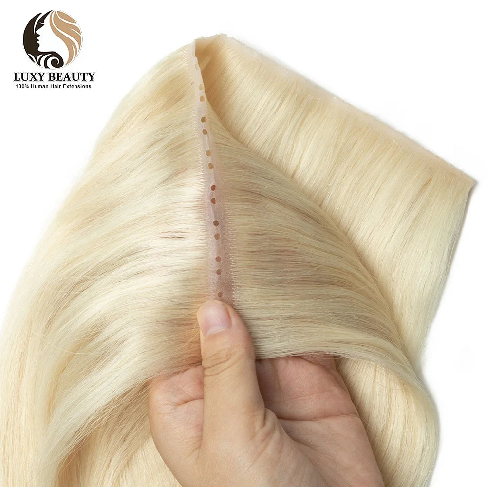 Blonde 613 Invisible Twin Tab Hole Weft Human Hair Extensions Straight Remy