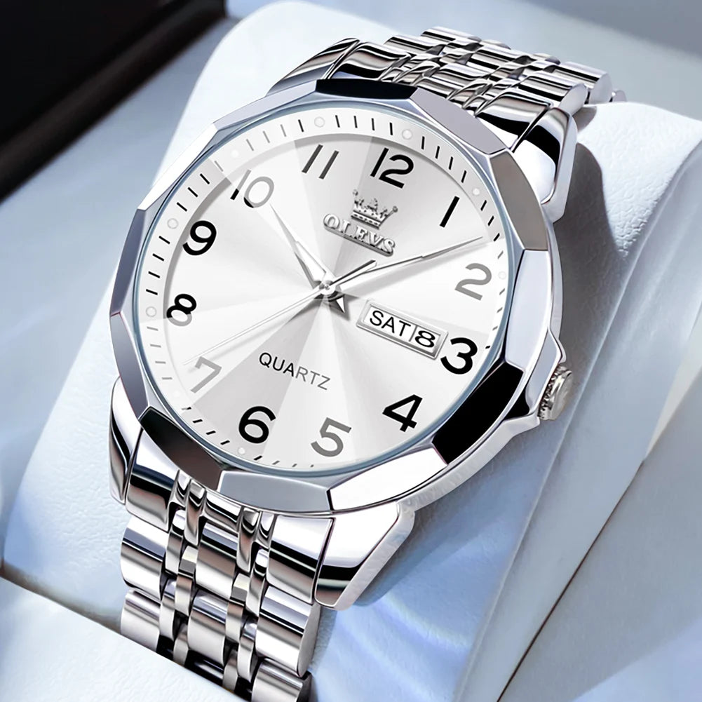 OLEVS Men's Casual Stainless Steel Quartz Watch Waterproof Luminous Date Week