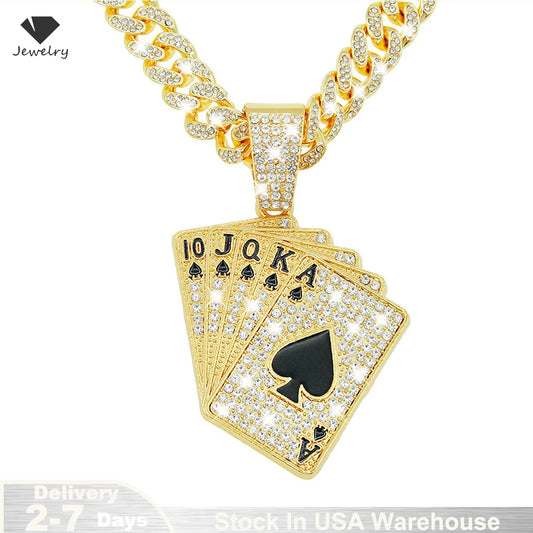 18K Gold Plated Hip Hop Iced Out Spades Playing Card Necklace Men's Personalized Street Rock Trend Jewelry
