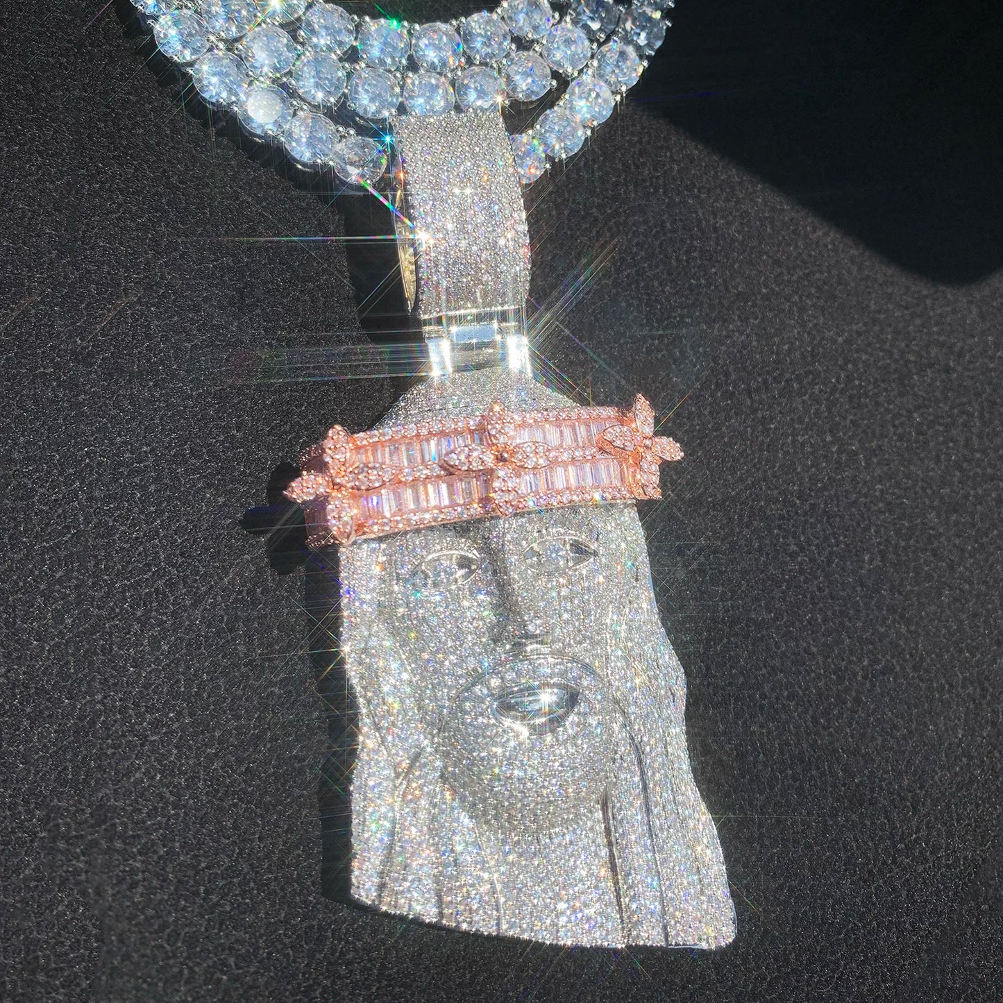 CUC Baguette Zircon Jesus Head Pendant HipHop Necklace Chain