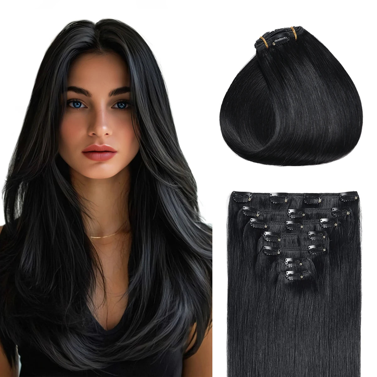1B Natural Black Premium Real Human Hair Clip-in Extensions