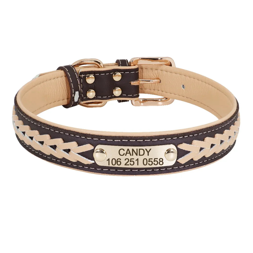Personalized Dog Collar Leather Padded Braided Collars Free Engraving Pet ID Tag for Small Medium Large Dogs