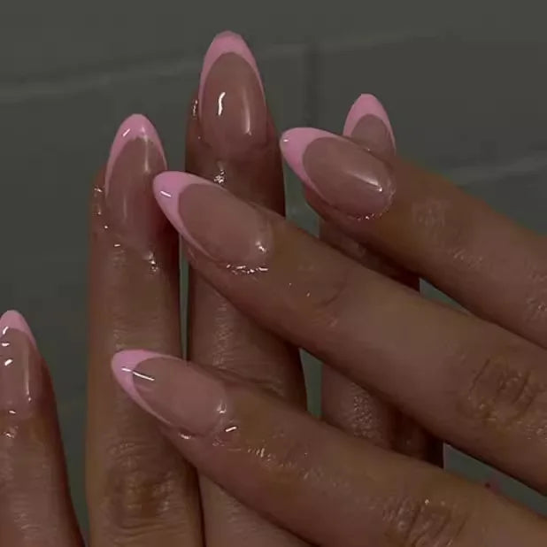 24 Pcs Almond Shape French False Nails with Glue Press On White Edge Design Simple Wearable Pink Stiletto Nail Tips