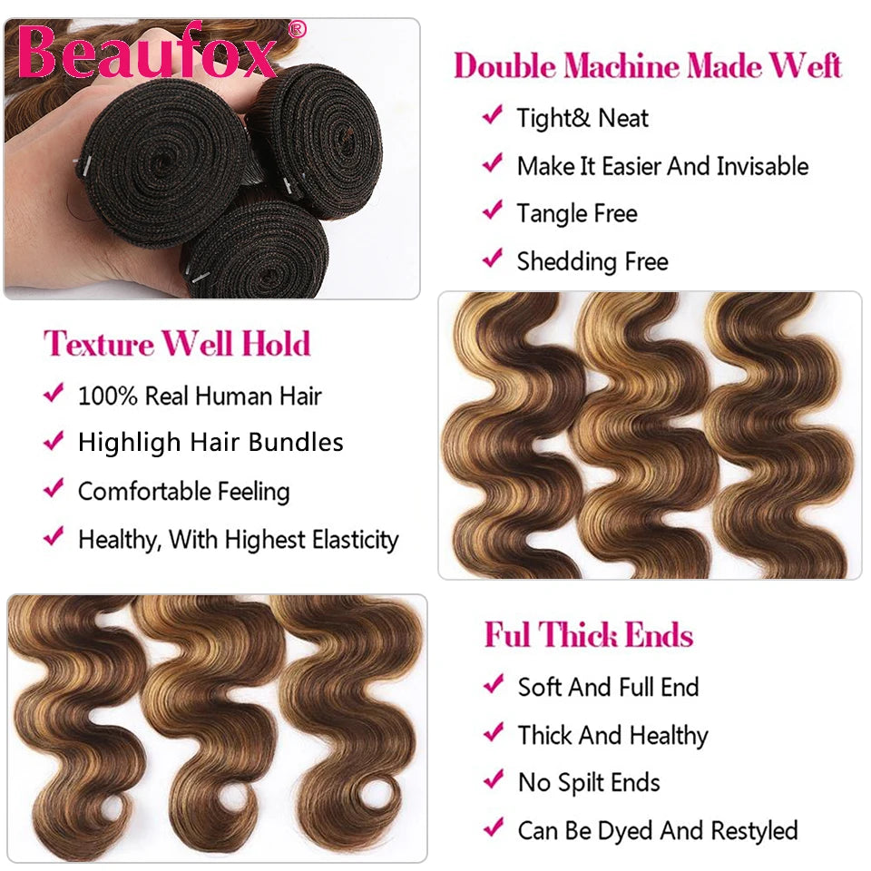 Beaufox Ombre Brazilian Brown Body Wave Remy Human Hair Bundles Highlight 4 27 Honey Blonde Weave Extensions
