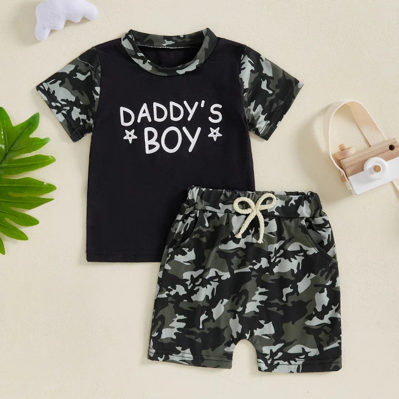 Toddler Boys Casual Outfits Camo Print Tee and Elastic Waist Shorts Set