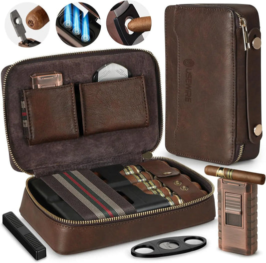 Leather Portable Travel Cigar Humidor Case with Lighter and Cutter Holds 5 Cigars Cigar Accessories for Men No Butane