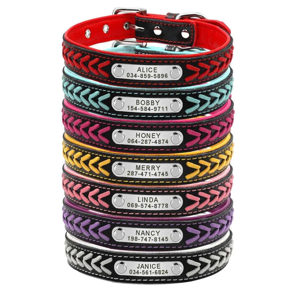 Personalized Dog Collar Leather Padded Braided Collars Free Engraving Pet ID Tag for Small Medium Large Dogs