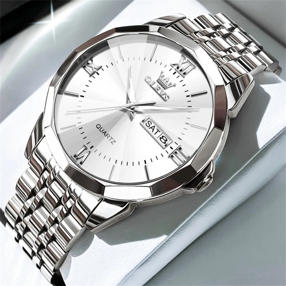OLEVS Mens Quartz Watch Waterproof Stainless Steel Luminous Dial Date Week Dress